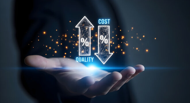 Business Optimization Concept with hand holding digital hologram showing increasing quality and decreasing cost for financial strategy and corporate efficiency presentations.