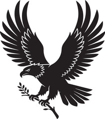 Obraz premium Black eagle flying with an olive branch in its claws