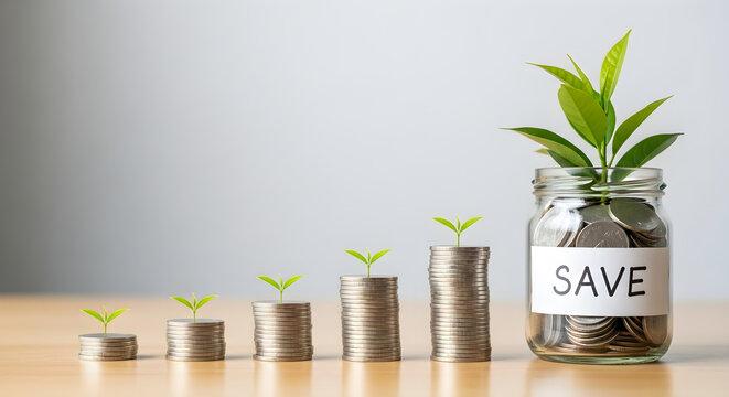 Financial Growth Concept with Increasing Coin Stacks and Green Plants for Investment and Savings Marketing.