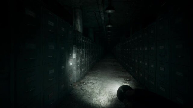 Man explores dark archives corridor with flashlight. First person view of searching through rows of metal filing cabinets in abandoned basement. Mystery thriller.