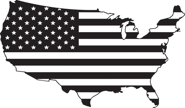 Black and white map of the united states with flag pattern