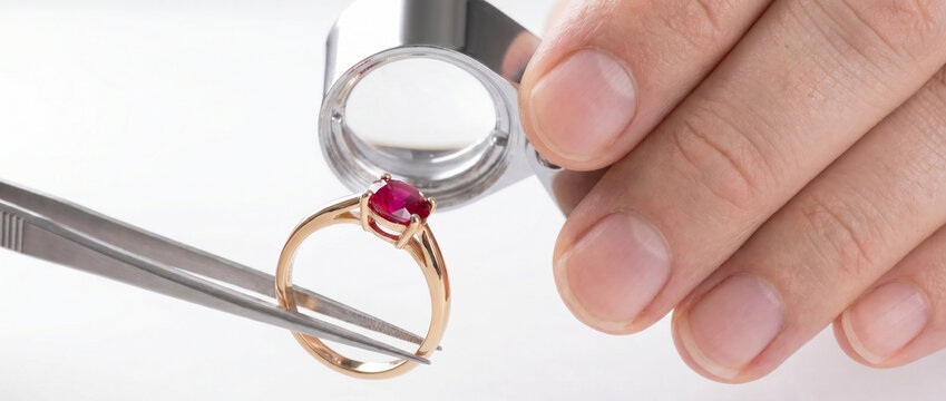  Close-up of a professional jeweler evaluating a gold ring with a red ruby gemstone using a magnifying loupe and tweezers