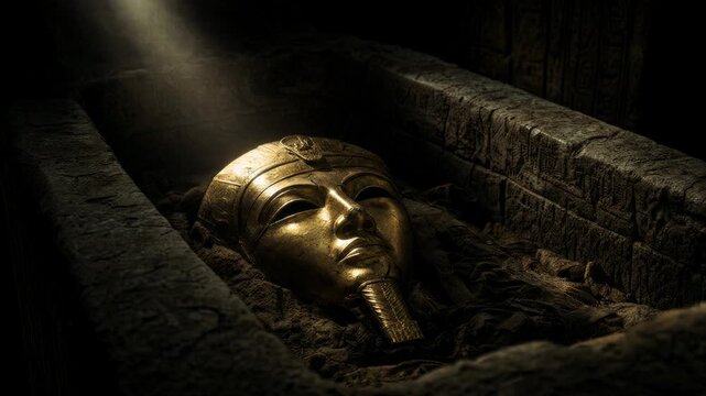 Golden funeral mask of a pharaoh resting inside an ancient stone sarcophagus. Historical archeological discovery of a dusty tomb with cinematic light beam focus.