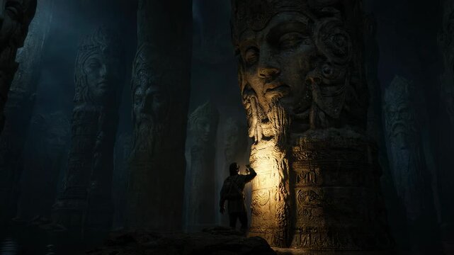 Man explores an ancient cave with stone statues. Explorer holds a lantern to light up giant carved faces in a dark cavern. Archaeological adventure mystery theme.