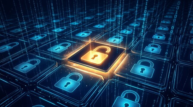 Digital security concept with glowing golden padlock in a grid of blue lock icons, representing data protection and cybersecurity.