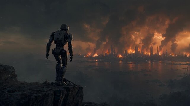 Sci-fi robot standing on a cliff edge observing a burning city during an apocalypse. Futuristic machine survivor looking at a ruined metropolis set on fire.