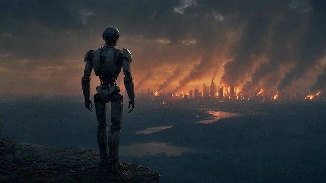 Robot standing on a cliff edge looking at burning city at sunset. Cybernetic machine observing apocalyptic destruction of urban landscape. Future war concept.