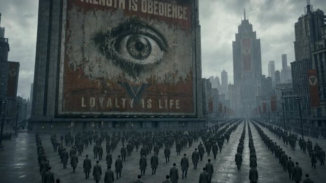 Group of men walking towards dystopian building with giant eye propaganda. Totalitarian society concept. Dark urban city street cityscape in science fiction setting.