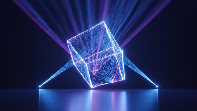 An intricate geometric light art installation with a futuristic style. Consisting of interlocking square and wireframe pyramids, it glows brightly with colored neon lights.