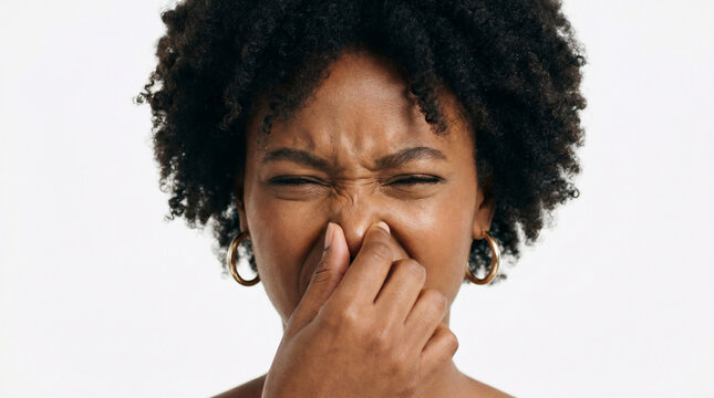 Young African American woman pinching her nose in disgust, bad smell concept, isolated on white background