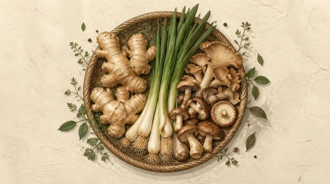 Intricate textures of a farm to table vegetable basket featuring raw ginger roots, green onions, and fresh wild mushrooms arranged on a rustic woven tray with a 20260510 gigapixel high detail view.