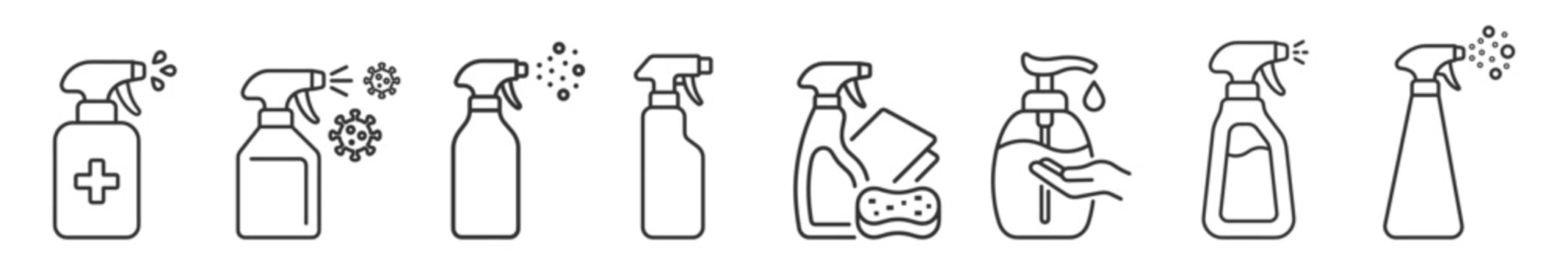 cleaning spray bottle icons set for cleaning and disinfecting on transparent background