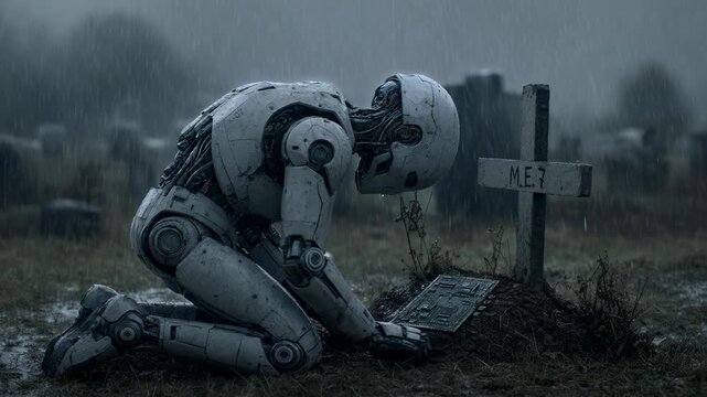 Robot kneeling at a grave in the rain. Sad android mourning at a tombstone in a cemetery. Emotional science fiction concept about artificial intelligence grief.