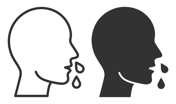 Human head outline icon with saliva or drooling drops vector illustration on transparent background