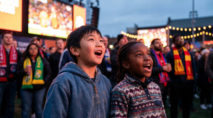 Fototapeta premium Diverse children watching outdoor game in stadium crowd