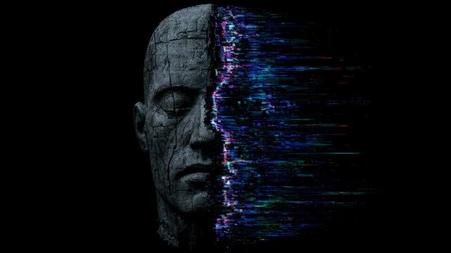 Statue head with glitching digital face effect. Stone face eroding into data stream. Abstract artistic representation of artificial intelligence and technology.