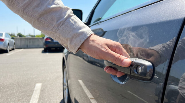 Hand opening black car door radiating intense heat