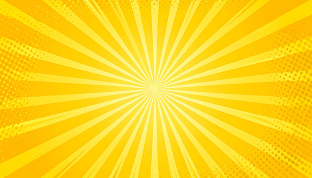 Retro comic book sunburst background, vibrant yellow radiating lines with halftone dot texture, energetic pop art effect