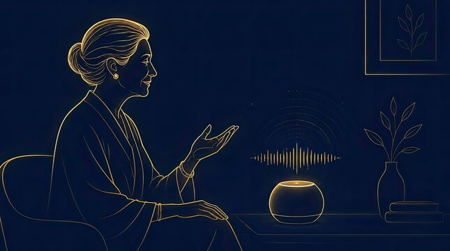 A refined woman interacting with a voice activated smart node, displaying advanced 2026 gigapixel cgi technology in a cinematic widescreen composition capturing seamless digital communication connecti