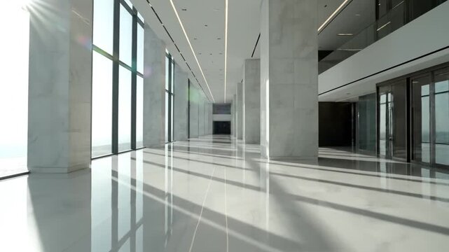 Modern empty hallway featuring polished white marble floors, floor-to-ceiling glass windows, and massive stone pillars. Bright natural sunlight creates shadows in a vast corporate interior corridor.