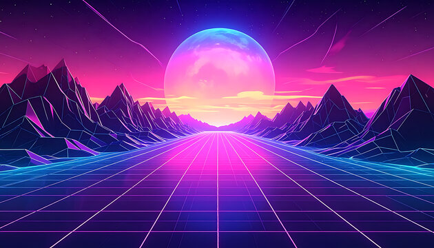 Retro pixelated landscape with mountains, glowing grid road, and large sun in vibrant neon pink and blue colors, 80s synthwave aesthetic