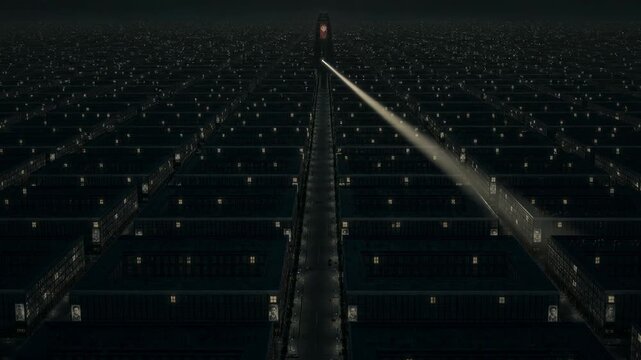 Aerial view of a dark city at night with a beacon tower sweeping a bright searchlight beam across symmetrical buildings. Urban cinematic atmosphere concept.