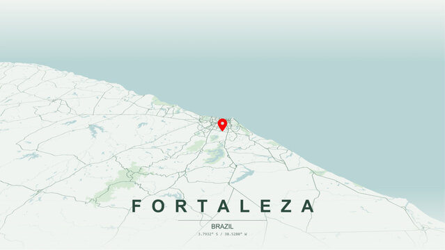 Modern minimalist vector map of Fortaleza, Ceara, Brazil. High-quality scalable illustration of Fortaleza city grid, Beira Mar waterfront axis, Coc&oacute; River park topography for posters and design.