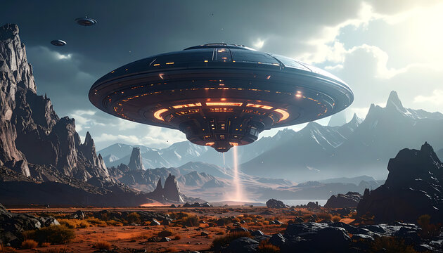 Pixelated alien spacecraft hovering over a barren alien landscape with a glowing beam, science fiction, extraterrestrial invasion concept