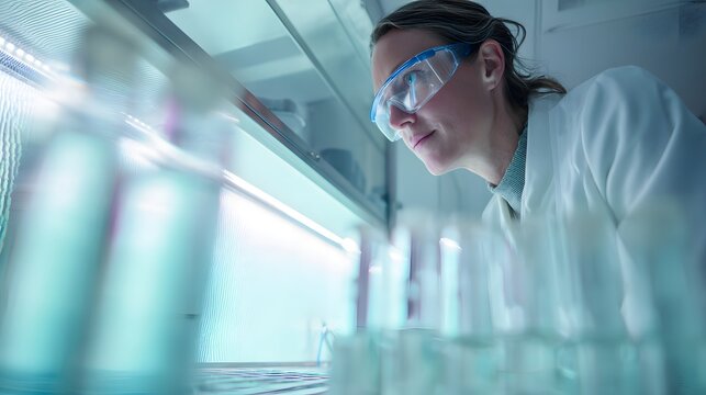 female scientist in protective glasses working in a laboratory. Close-up portrait of a medical researcher analyzing test tubes in a high-tech bio lab.