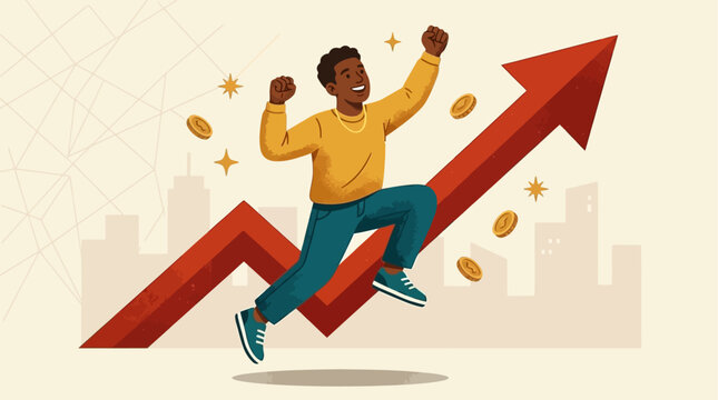 Excited young man joyfully celebrating business success and financial growth, leaping above an upward-trending arrow with coins, symbolizing prosperous ventures and market achievements