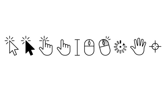 Collection of computer cursors and pointing hand icons representing digital interaction and user interface elements