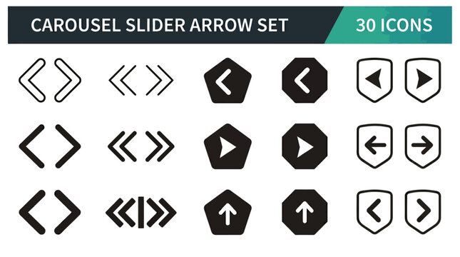 Carousel slider arrow set with various directional icons including left, right, and up arrows within different shapes like pentagons and shields