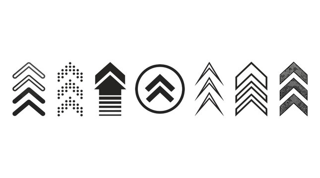 Diverse upward arrow vector icons. Collection includes chevrons, solid shapes, and textured designs for digital UI, navigation, upload, and progress indicators