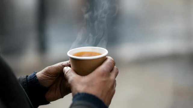 Volunteer giving a hot drink in a disposable cup to a person in need. Charity concept, helping people, sharing food and kindness during international charity day.