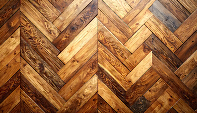 Rich herringbone pattern of polished wood planks, warm brown tones, natural grain texture, rustic interior design element, background for decor