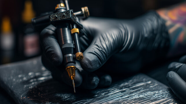 Tattoo artist working with professional tattoo machine close-up, black gloves, body art studio, permanent makeup or tattoo procedure, creative skin design, ink application and mode
