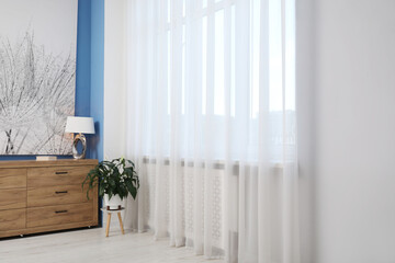 Fototapeta premium Houseplant near window with stylish curtains in room. Interior design