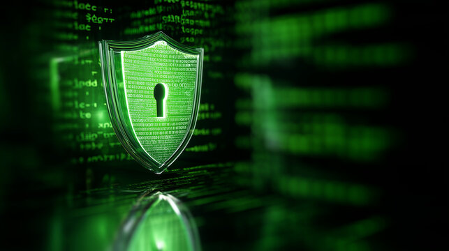 Glowing lock shield in front of green programming code, cybersecurity protection system, encrypted data, secure network access, privacy technology, firewall defense and digital saf
