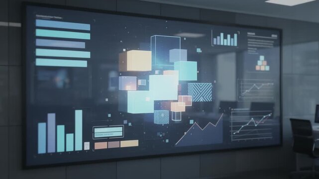 Medium shot of a digital wall display showing realtime contribution testing alerts main message clear while peripheral details remain blurred.