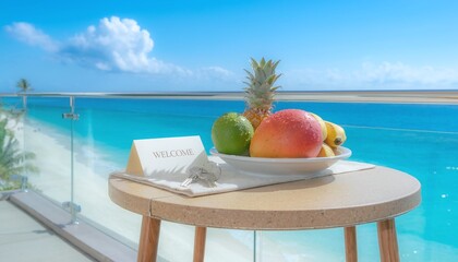 Obraz premium Tropical luxury welcome amenities with fresh exotic fruit, keys, and a greeting card on a sunny balcony overlooking a turquoise ocean. Ideal for hotel and travel marketing.