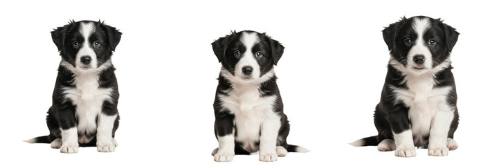 Cute Black and White Border Collie Puppy Dog Set Isolated on Transparent PNG Background Loyal Domestic Canine Pedigree Animal Veterinary Pet Care Asset © Zra