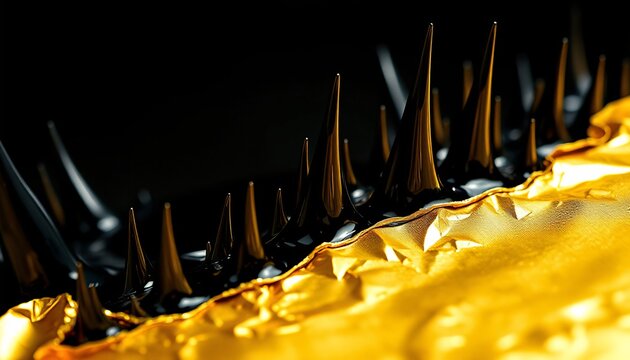 Extreme macro abstract texture of black ferrofluid spikes tearing through gold leaf.