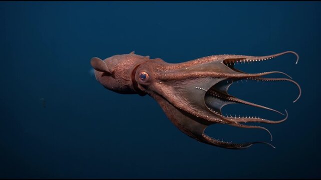 Deep sea vampire squid swimming in dark blue ocean water