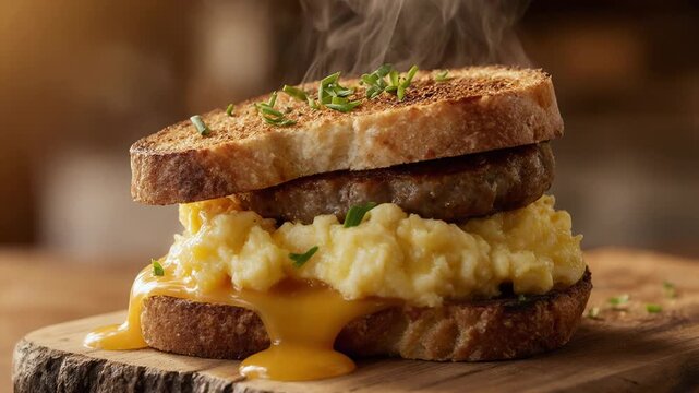 Steaming breakfast sandwich with sausage scrambled egg and melted cheddar on rustic toasted bread