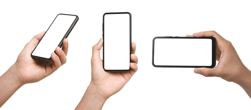 Man holding smartphone on transparent background, closeup