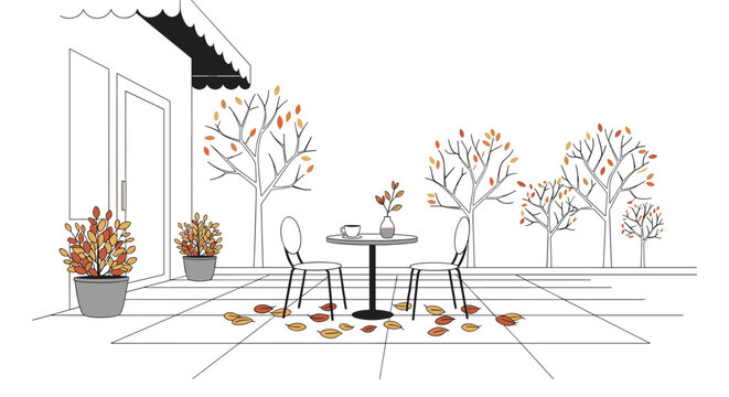 Outdoor cafe patio with table chairs and autumn leaves in a minimalist line art style Vector