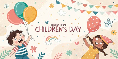 Naklejka premium International Children Day celebration with happy kids balloons and festive decorations