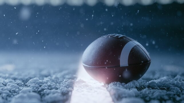 Rain falls on a football during a night game on a wet field with stadium lights in the background