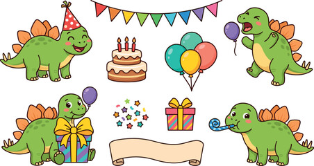 Cute Dinosaur Birthday Party Vector Element Set Featuring Stegosaurus, Cake, Balloons, Gifts, and Bunting Garland Decorations for Kids Celebration Graphic Designs © DabashChandra