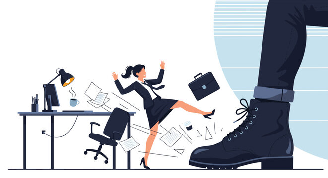 Tiny office worker woman fleeing from a giant black boot symbolizing corporate layoffs, workplace pressure, and professional intimidation.